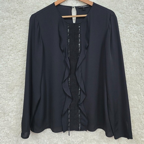 St John Blouse‎ Womens 10 Black Silk Double Georgette Long Sleeve Luxury Preppy - Picture 1 of 13